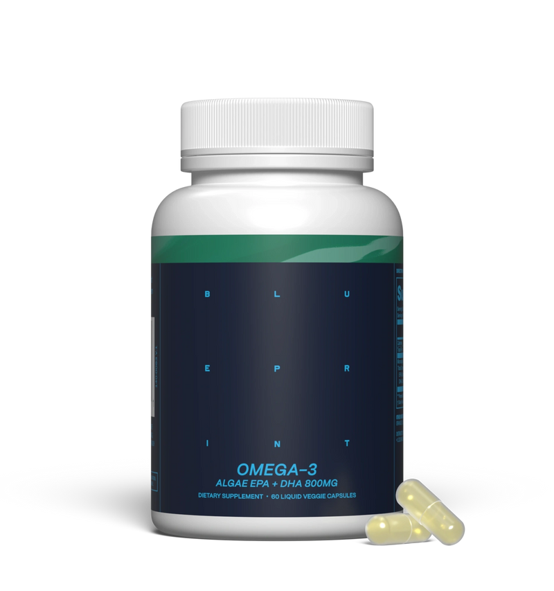Omega-3 supplement bottle with capsules on a white background