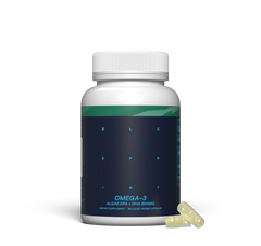 White omega-3 supplement bottle with blue label on a white background