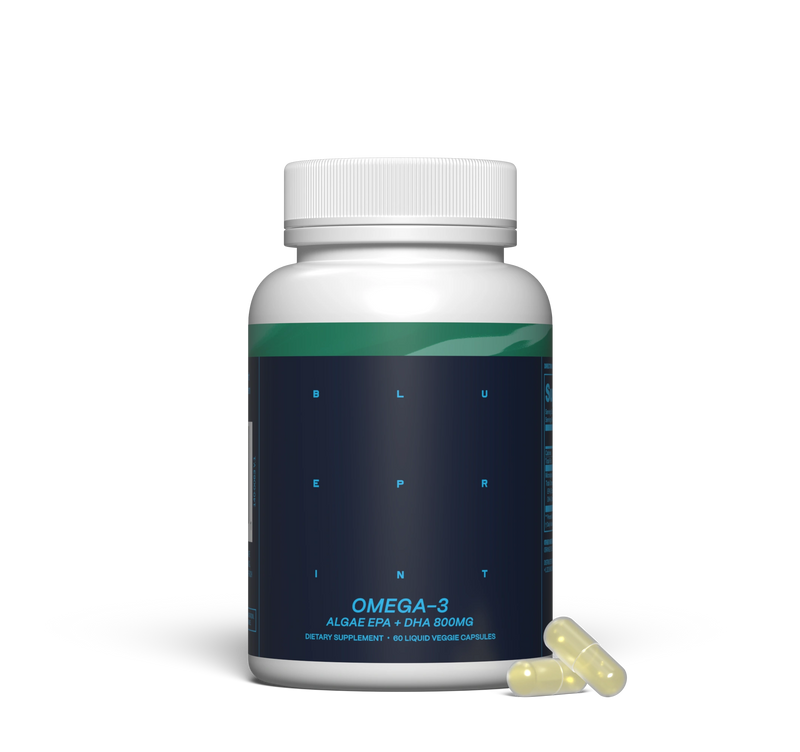 White omega-3 supplement bottle with blue label on a white background