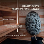 Stone heater with text highlighting features in a wooden sauna setting