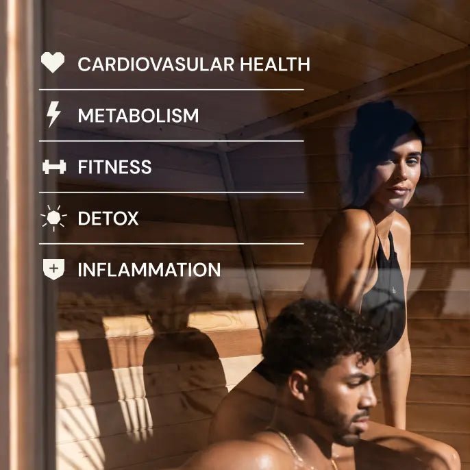 Two people in a sauna with health benefits listed on the left.