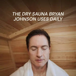 Man in a wooden sauna with text overlay about a dry sauna used daily.