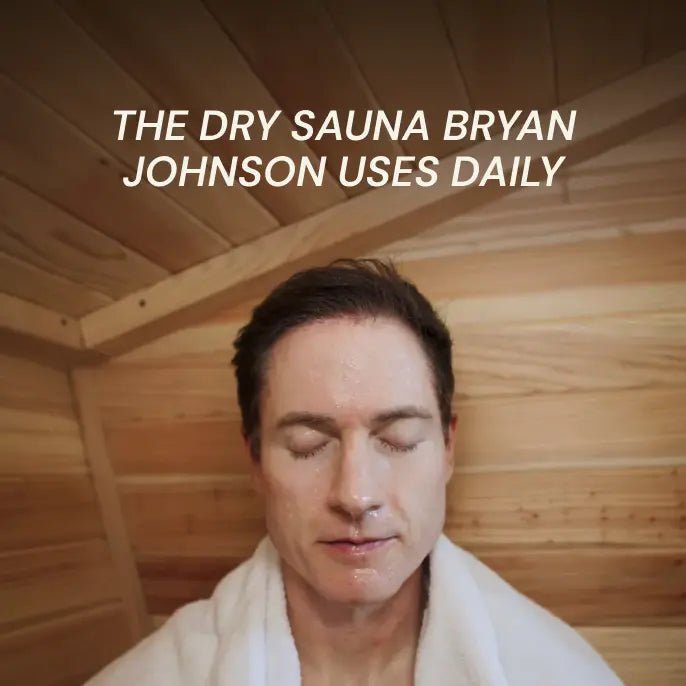 Man in a wooden sauna with text overlay about a dry sauna used daily.
