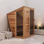Wooden sauna with dimensions and capacity text on a neutral background