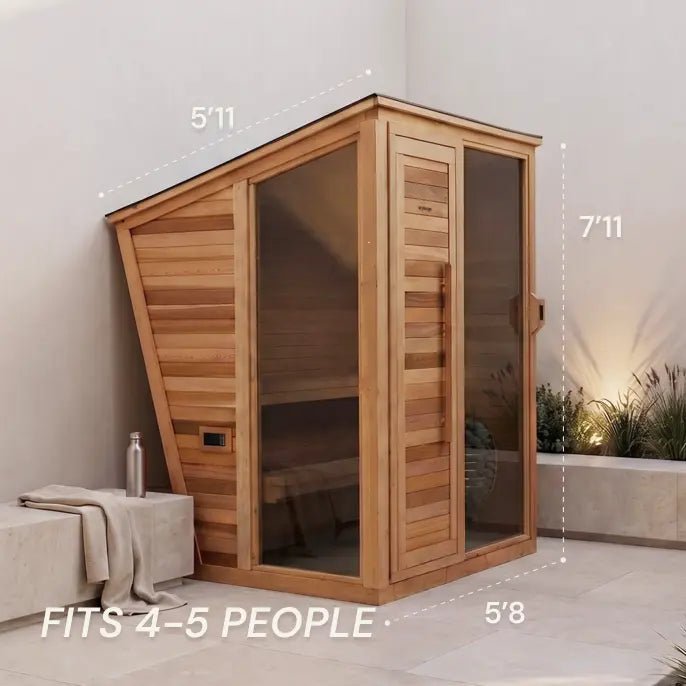 Wooden sauna with dimensions and capacity text on a neutral background