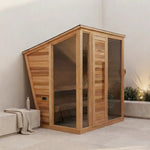 Wooden outdoor shower cabin with glass doors on a patio