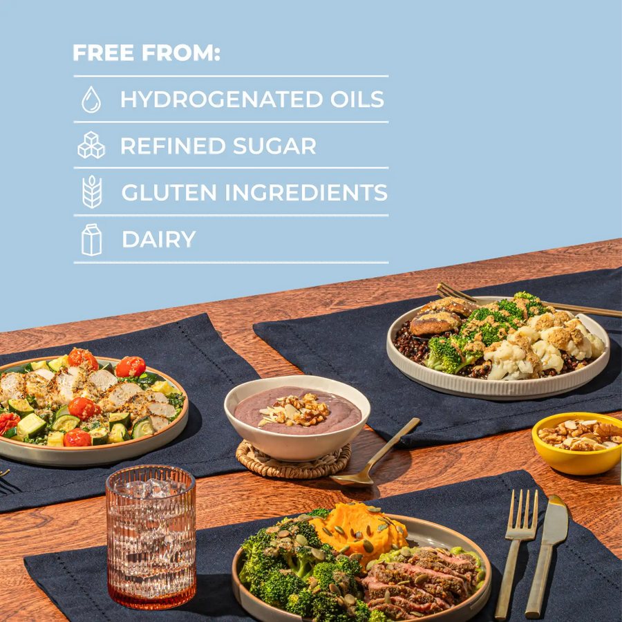 Blueprint longevity meals free from hydrogenated oils, refined sugar, gluten and dairy on a wooden table