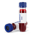 A medical test tube labeled 'Blueprint Basic' with a blue cap, containing a red substance, presumably a blood sample for testing.