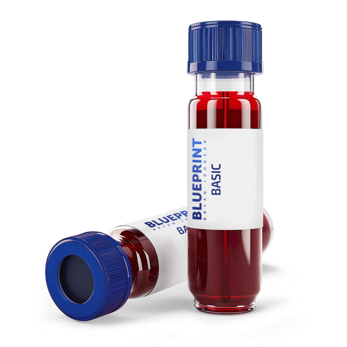 A medical test tube labeled 'Blueprint Basic' with a blue cap, containing a red substance, presumably a blood sample for testing.