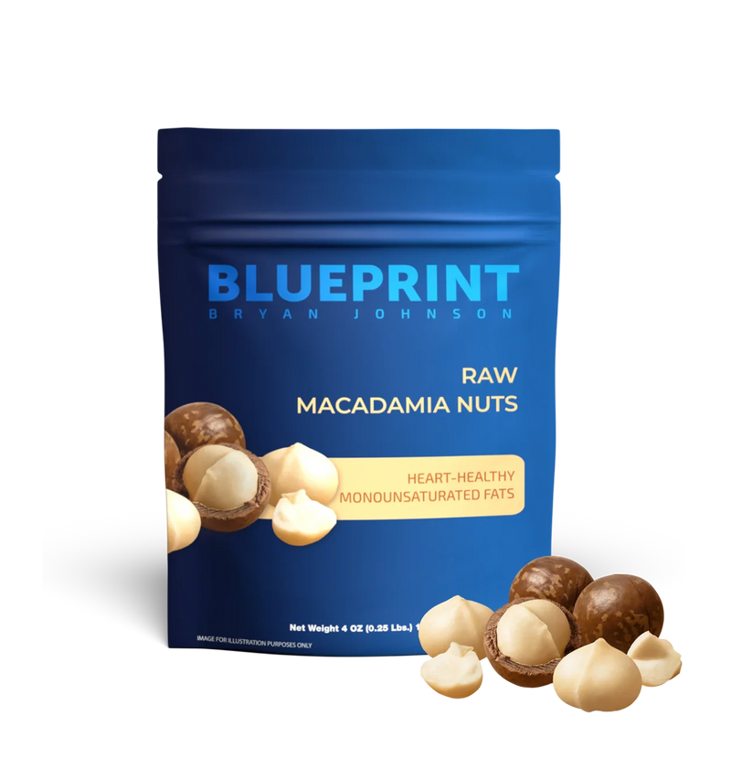 A package of Blueprint by Bryan Johnson Raw Macadamia Nuts, emphasizing heart-healthy monounsaturated fats. The package is blue with images of macadamia nuts in the foreground.