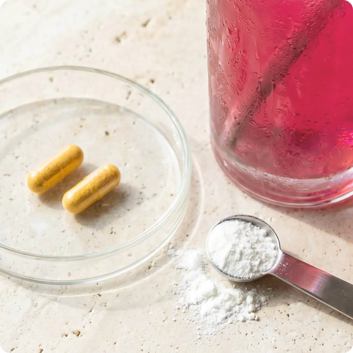 Two yellow capsules on a glass plate with a spoonful of white powder and a pink drink in the background.