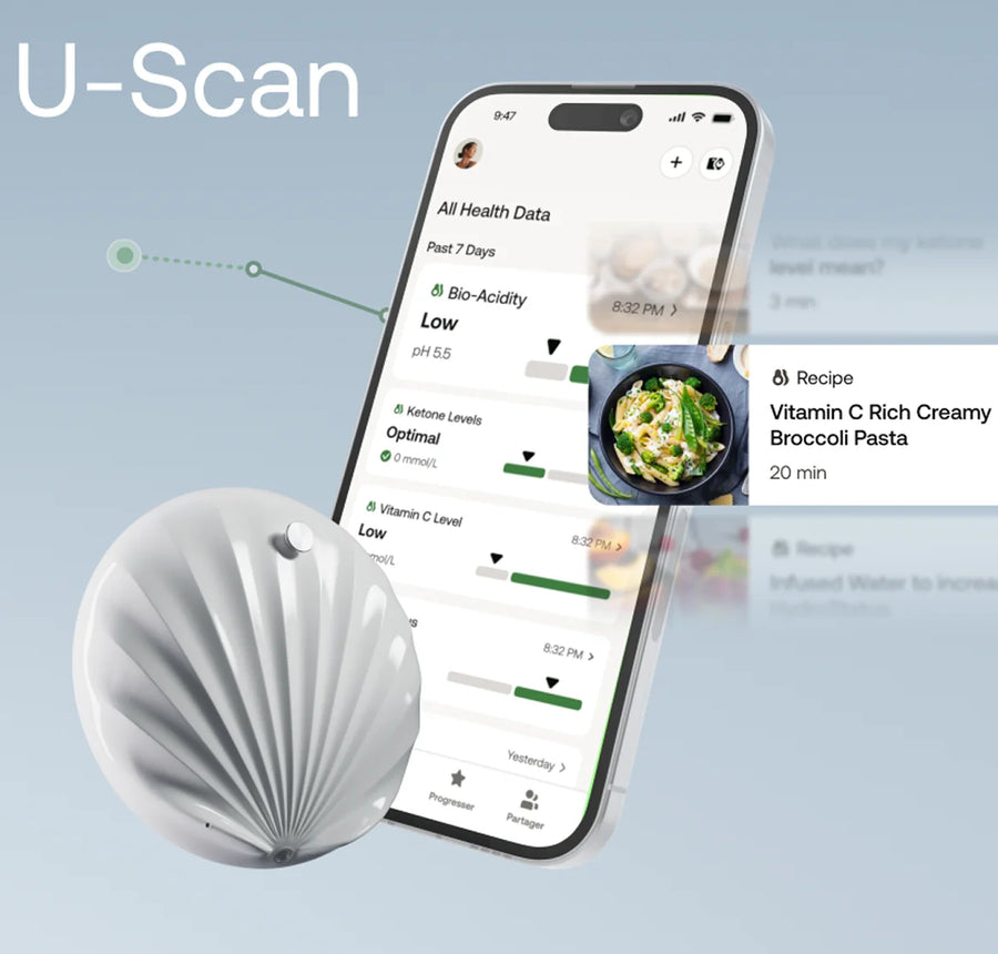 U-Scan device beside a phone app tracking vitamin C and hydration biomarkers at home