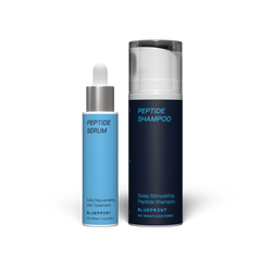 Peptide serum and shampoo bottles from Blueprint on a white background