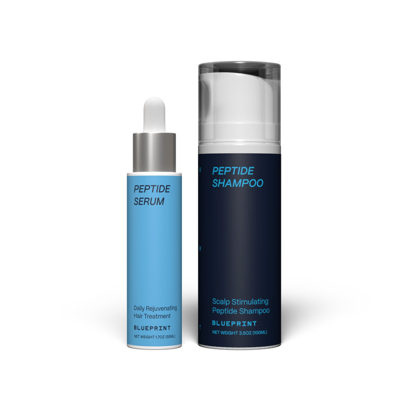 Peptide serum and shampoo bottles from Blueprint on a white background