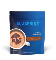 Blue package of Blueprint Super Shrooms coffee alternative with a cup of coffee on a white background
