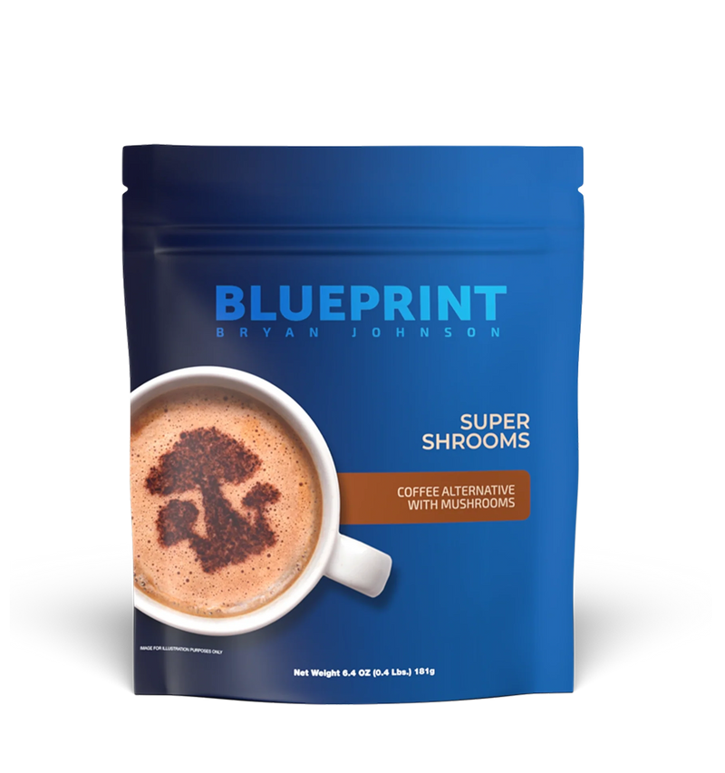Blue package of Blueprint Super Shrooms coffee alternative with a cup of coffee on a white background