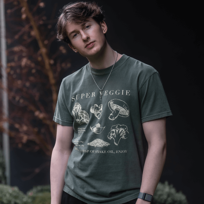 Lifestyle image of boy wearing Super Veggie T-Shirt
