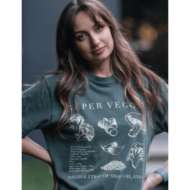 Lifestyle image of girl wearing Super Veggie T-Shirt

