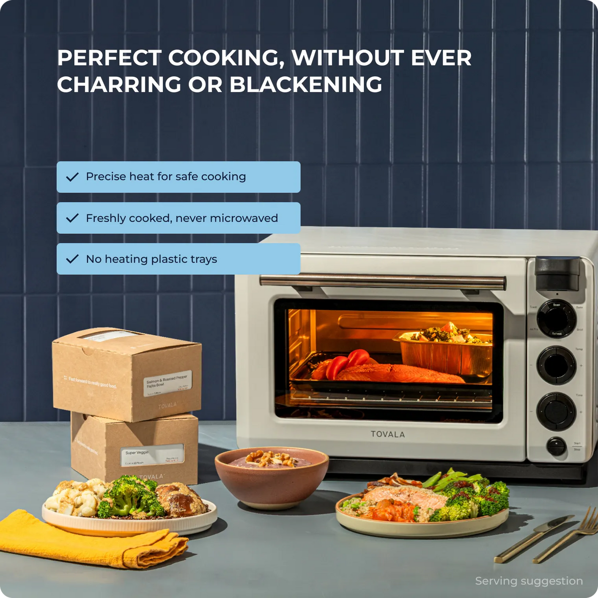 Tovala smart oven cooking a Blueprint meal precisely, without charring, for consistent longevity nutrition