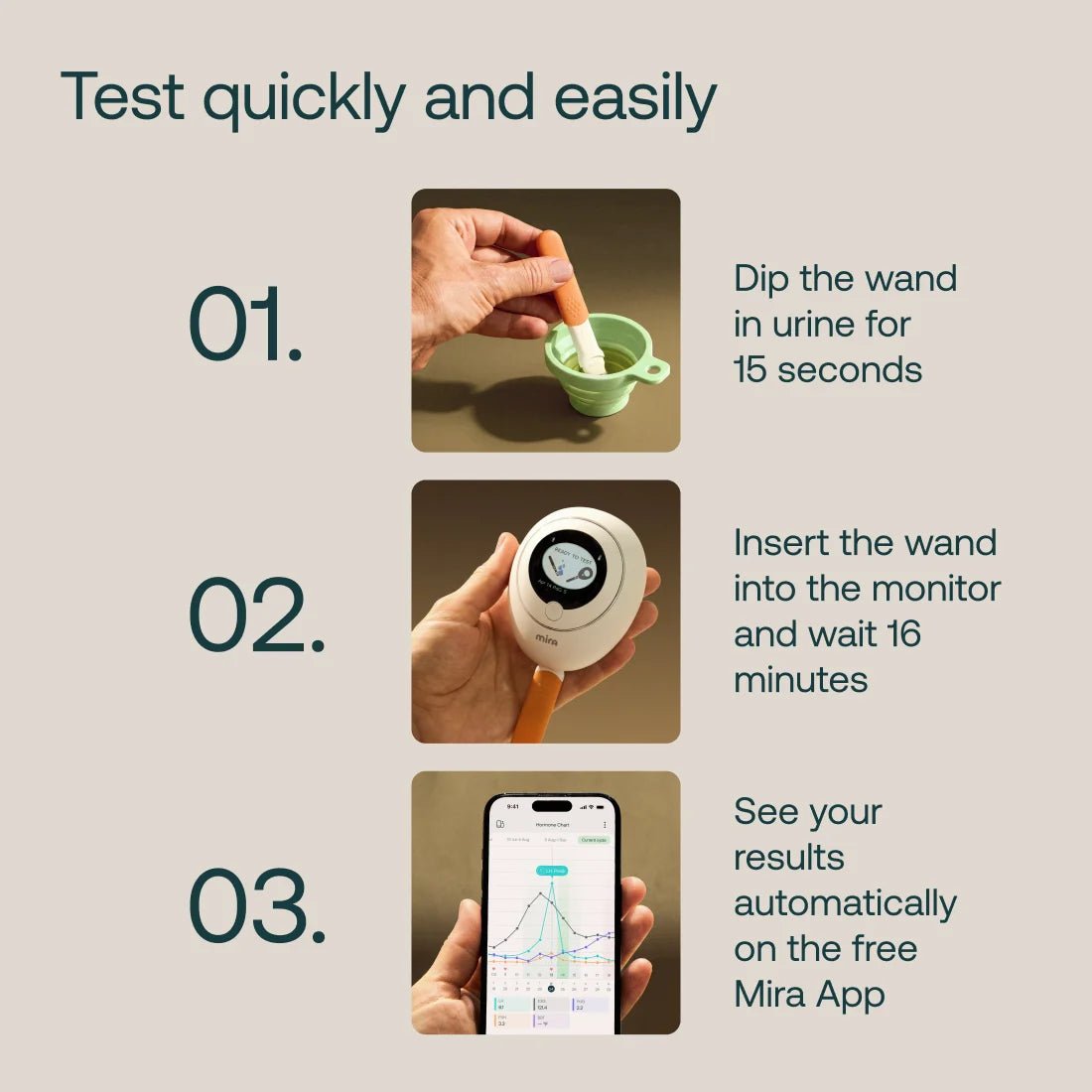 Three steps to test with the Mira Ultra4 wand and read results in the free Mira app