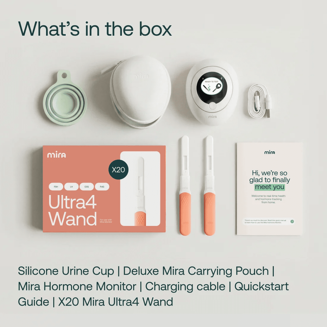 What's in the Mira Ultra4 Kit box — hormone monitor, 20 Ultra4 wands, cup, pouch and cable