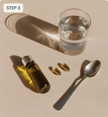 Vial, two capsules, glass of water, and spoon on a beige surface