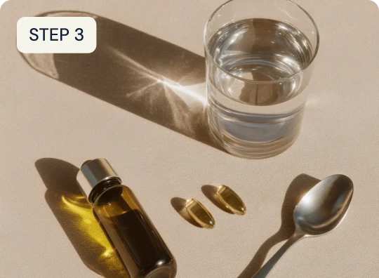 Vitamins, a glass of water, and a spoon on a light surface with 'Step 3' text.