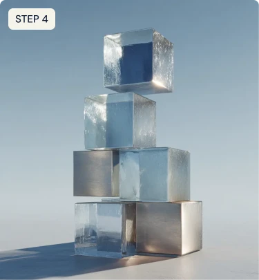 Stack of four metallic cubes on a gradient blue background