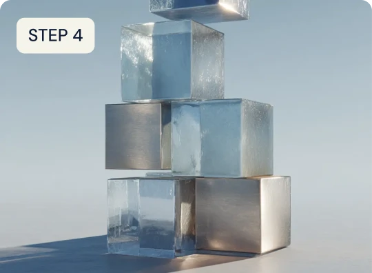 Stack of metallic cubes on a reflective surface with a light blue gradient background