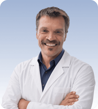 Dr. Carl, Blueprint longevity medical expert, portrait in white lab coat on blue background.
