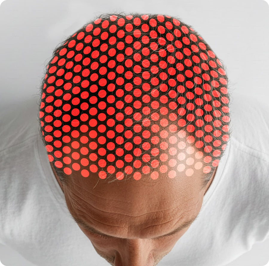 Person wearing a cap with red and black pattern on a white background