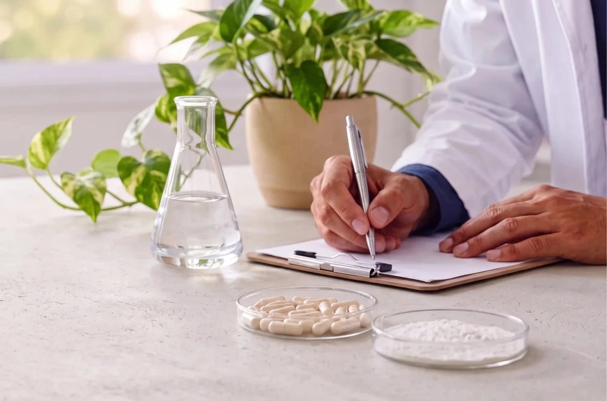 Researcher in a lab coat writing notes beside a flask, a pothos plant, and dishes of capsules and white powder.